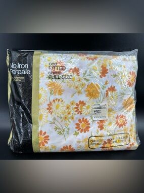 Vintage Floral Fitted Sheet Full Yellow Orange Daisy Percale Retro Bedding